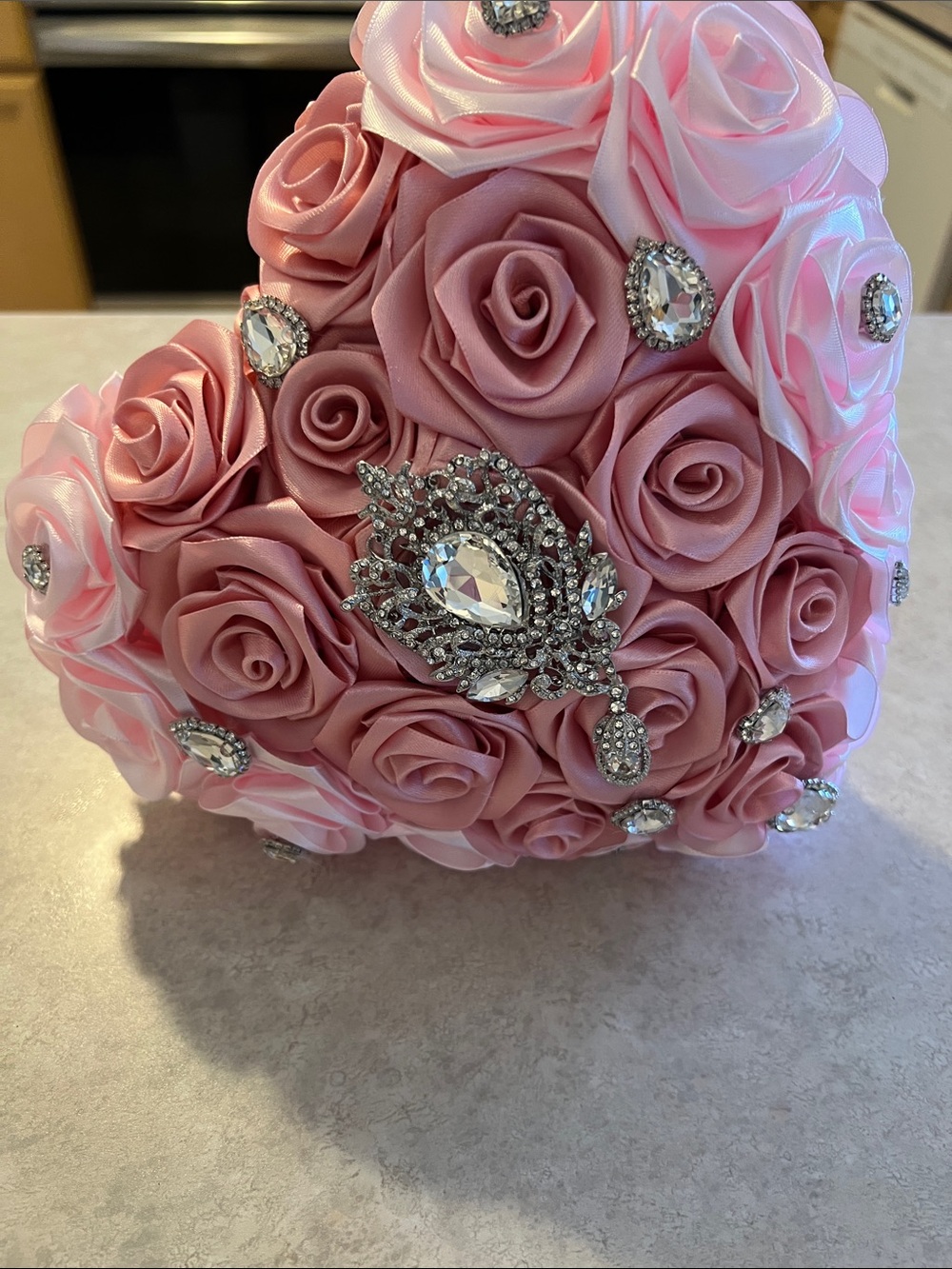 Pink Rose Satin Bridal Bouquet with Rhinestone Brooch Accents